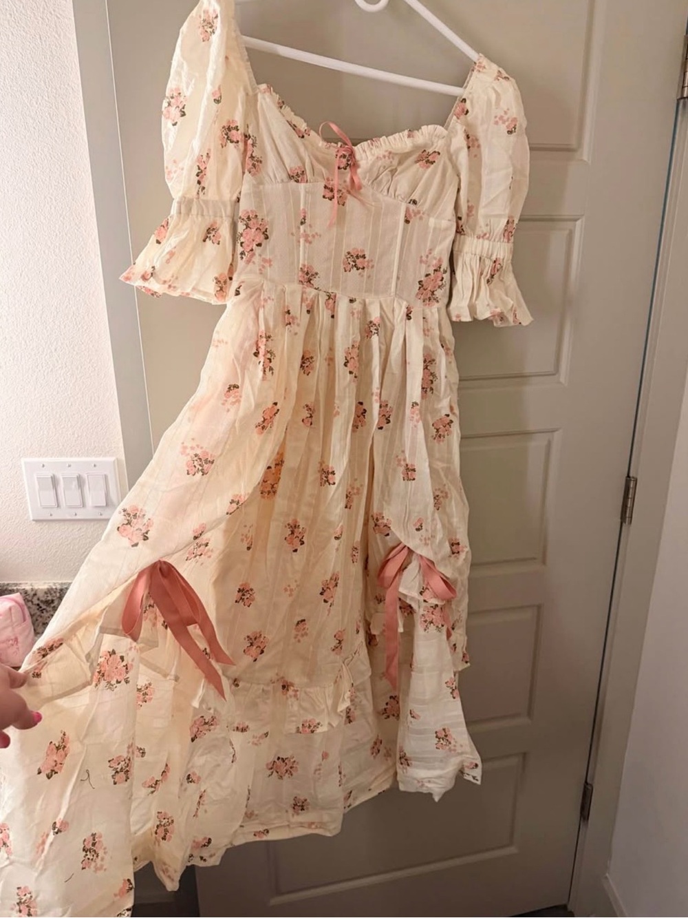 Bohemian Cream Floral Maxi Dress with Pink Ribbon Detail